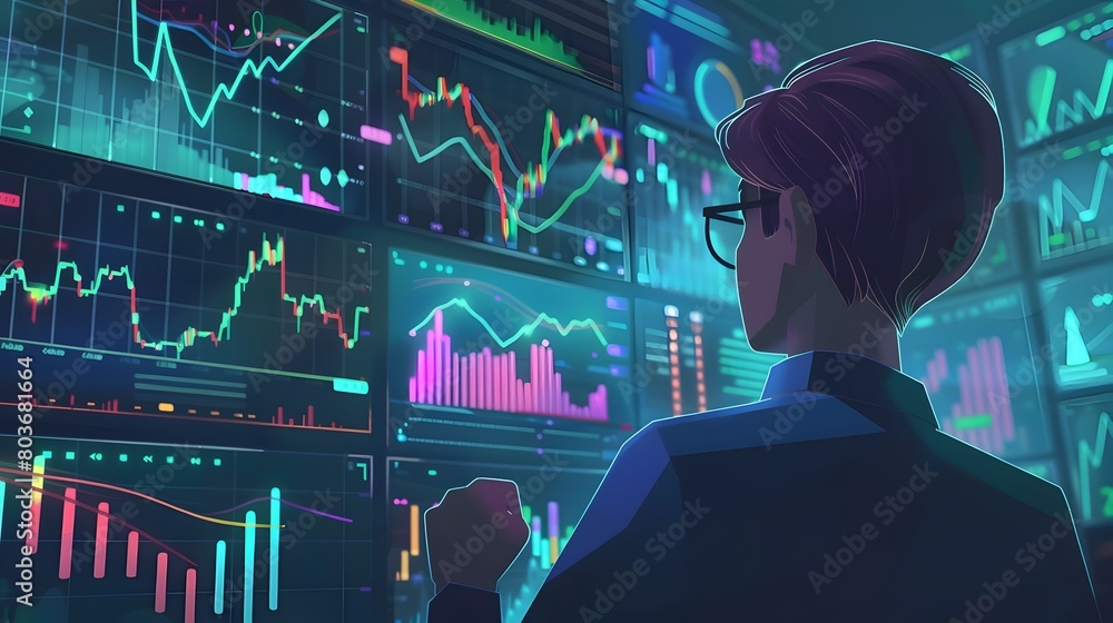 Poster animated visualization of market trading and investment trends with charts and graphs