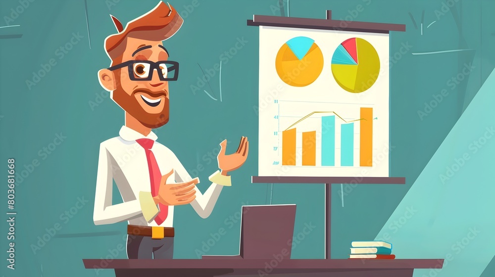 Poster animated businessman giving a compelling presentation with detailed data visualizations and analytic
