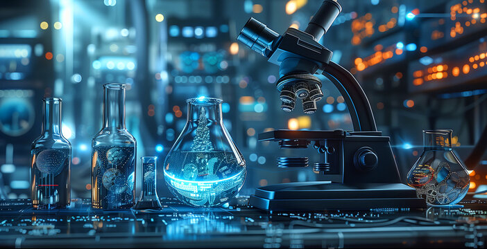  futuristic laboratory equipment emerges, adorned with holographic data visualizations, blurring the lines between fiction and biotechnology, showcasing the marvels of scientific innovation