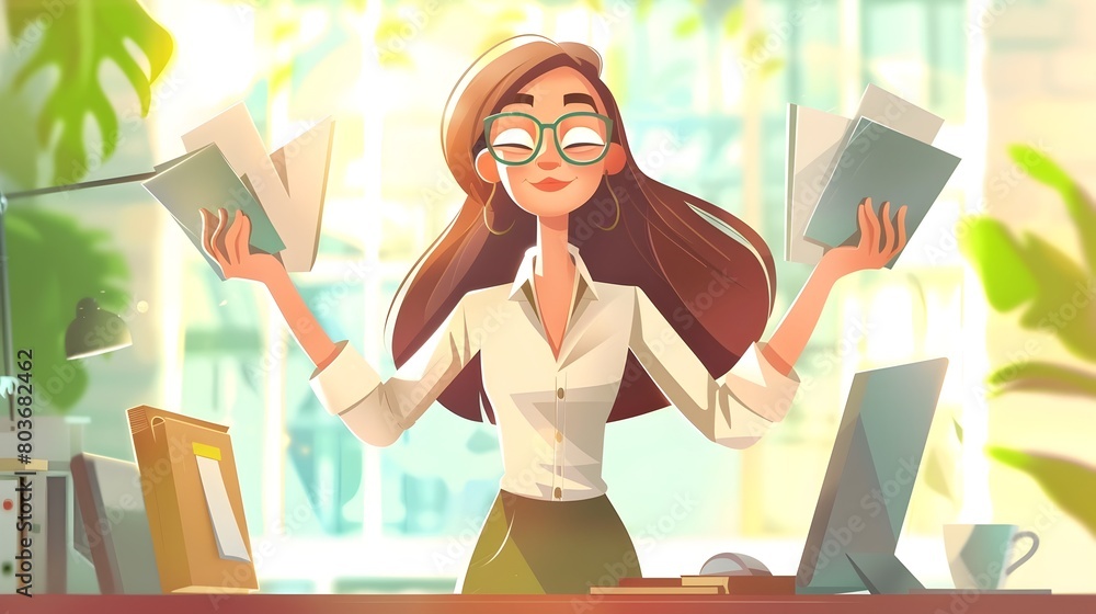 Poster diligent businesswoman skillfully juggles multiple projects and manages workflow in a vibrant office