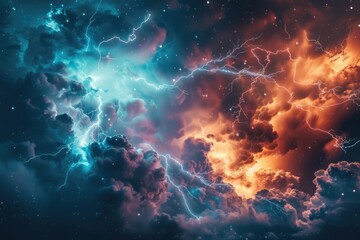 Colorful sky with lightning and beautiful clouds at night
