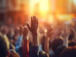 Hand raising with blur crowd people, Discuss suggestion concepts or voting in council meeting cooperation of democracy