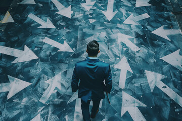 Businessman navigating a complex path of white arrows on a dark street, depicting strategic choices and leadership challenges, Concept of decision making, career path, and strategic direction.