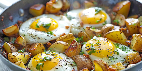 eggs and potatoes cooking in a pan, generative AI