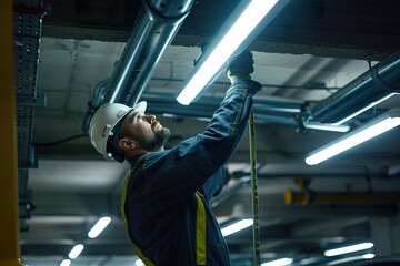 Male electrician installing a linear light fixture in a multi-level parking garage