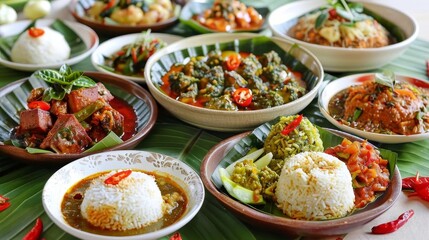 a colorful assortment of bowls filled with a variety of food, including white rice, green broccoli,