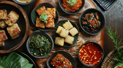 a wooden table adorned with a variety of food items, including a black bowl, a black plate, and a b