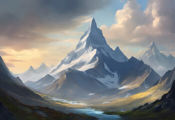 A majestic mountain landscape with towering peaks, a winding river, and a dramatic sky at sunset. Mountain Day.
