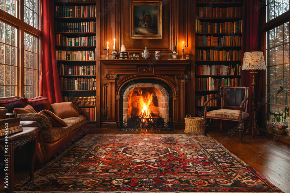 Wall mural fireplace in the house with books - Wall murals