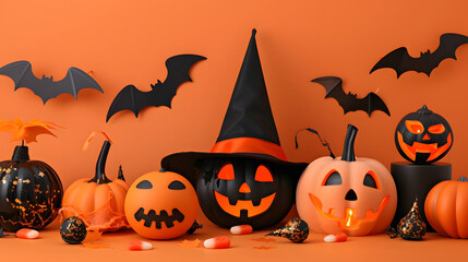 Halloween accessories with Halloween pumpkin, hat, bats. Anthropomorphic black tree.