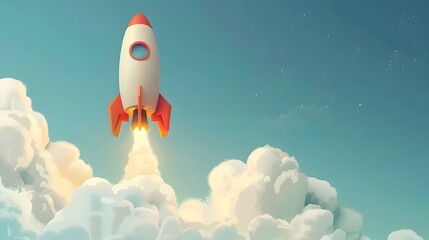 Successful Startup Concept With Rocket Launching Into Vibrant Sky