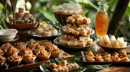 a table adorned with a variety of food items, including a white bowl, a brown basket, and a glass b