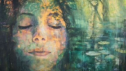 Ethereal Forest Spirits in Serene Nature Communion Abstract Portrait Painting of Tranquil Mystical Atmosphere description This captivating abstract