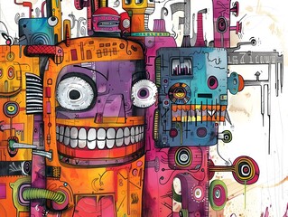 Whimsical Mechanical Mischief A Vibrant Abstract of Quirky Technological Hijinks