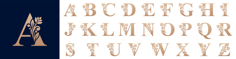 set of alphabets A to Z uppercase graphic. letters with flowers leaves. Vector illustration for wedding, greeting cards, invitations template design