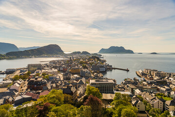 top view of a sunset over The city of Alesund and the sea during a sunny evening, Norway