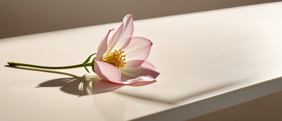 A minimalist composition featuring a single delicate flower petal resting on a smooth surface, with soft natural lighting casting subtle shadows, real photo