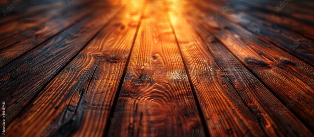 Poster a close up view of a wooden floor illuminated by a shining light, displaying the texture and natural