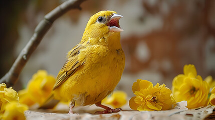 yellow bird on a branch,
A Singing Canary Hitting High Note