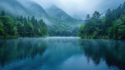 Fototapeta premium Fog blankets a tranquil lake nestled among trees on a mountain, creating a serene and mystical scene. Generative AI