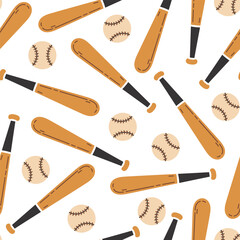 Wooden baseball bats and leather balls, seamless vector pattern. Professional sports equipment for softball, training, championship. Game match tools. Hand drawn background, cartoon ornament