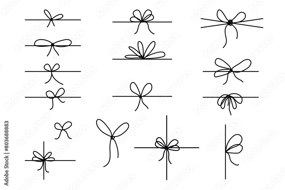 Aufkleber line bows on ribbon. bow on string set for box and decoration design. simple outline bowknot
