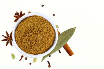 spices seasoning homemade garam masala powder isolated for vegetarian or non vegetarian indian...