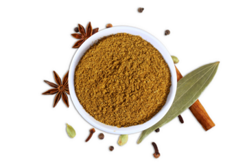 spices seasoning homemade garam masala powder isolated for vegetarian or non vegetarian indian food,cutout in transparent background,png format,top view with copy space 