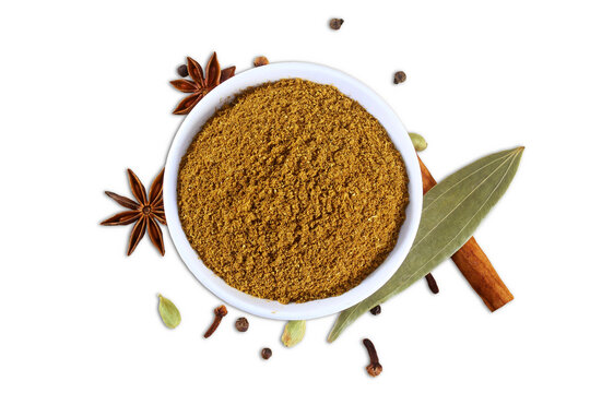 spices seasoning homemade garam masala powder isolated for vegetarian or non vegetarian indian food,cutout in transparent background,png format,top view with copy space 