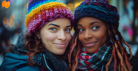 Two women wearing colorful hats and scarves are smiling at the camera