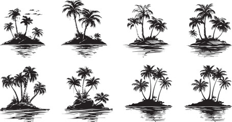 Black Vector Illustration: Tropical Island with Palm Trees