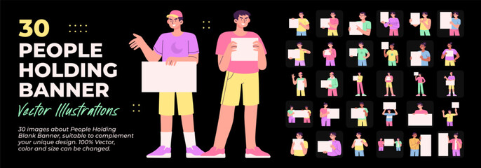 People Holding Blank Banner. Great Bundle. Collection of various people holding Blank Banner, can be used for advertising, marketing and signboards. Vector Illustration