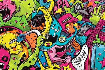 Cartoon cute doodles of a pop-punk concert poster featuring vibrant graphics and bold typography, announcing an upcoming show, Generative AI