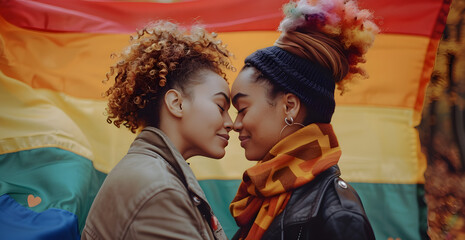 Two women are hugging each other while standing in front of a rainbow flag