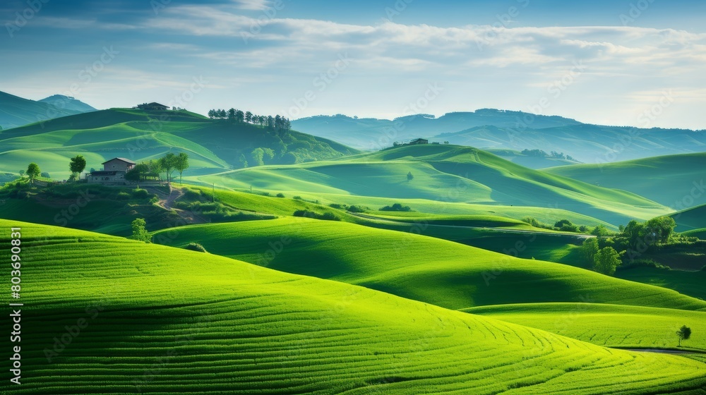 Wall mural landscape with green field and blue sky.