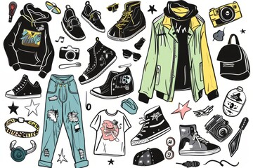 Cartoon cute doodles of a pop-punk fashion line, featuring clothing and accessories inspired by the DIY aesthetic of the genre, Generative AI