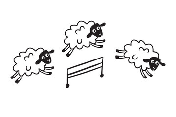 Doodle line cute sheep jumping over fence. Good night sleep poster. Counting sheep to fall asleep. 