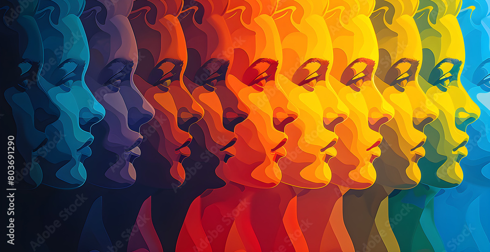 Poster a series of faces in a row, each with a different color
