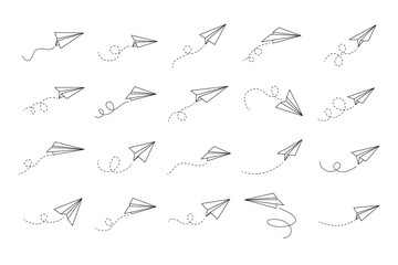 Hand drawn doodle paper plane set. isolated planes flight path. Line airplane icon travel, route. 
