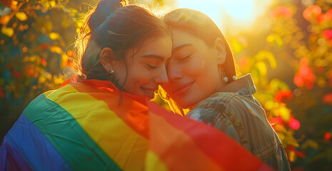 Two women hug each other while holding a rainbow flag