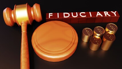 3d rendering of fiduciary on cube shapes with pile of gold money and gavel