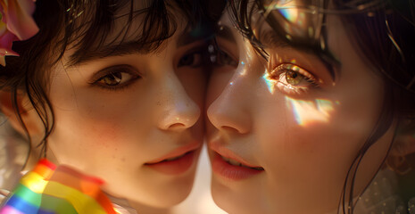 Obraz premium Two women with rainbow umbrellas are looking at each other