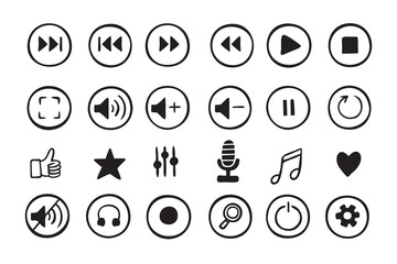 Doodle hand drawn music icons set. Sketch style buttons. Media player elements.