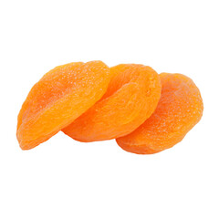 Closeup of three sweet dried apricots isolated transparent