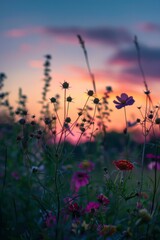 Wander through the enchanting silhouette of a field of wildflowers at sunset, the vibrant colors of the blooms contrasting, Generative AI