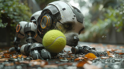 mask on a mask,
 Robot Dog Playing with a Tennis Ball. 3D Rendering