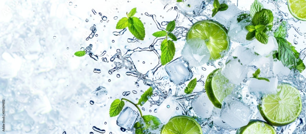 Poster fresh green limes and transparent ice cubes floating in a pool of clear water, creating a refreshing
