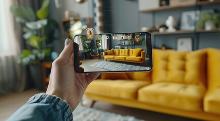 The girl adjusts the layout of the room using a program on her smartphone.