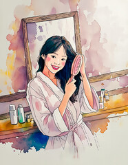 A watercolor illustration of a woman in a robe brushing hair, facing a mirror, with bottles in the background