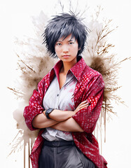 A stylized woman character with spiked hair and a red patterned shirt stands confidently with arms crossed against an abstract background